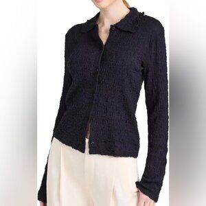 Vince Navy Textured Smocked Button Down Dress Shirt Top Size M